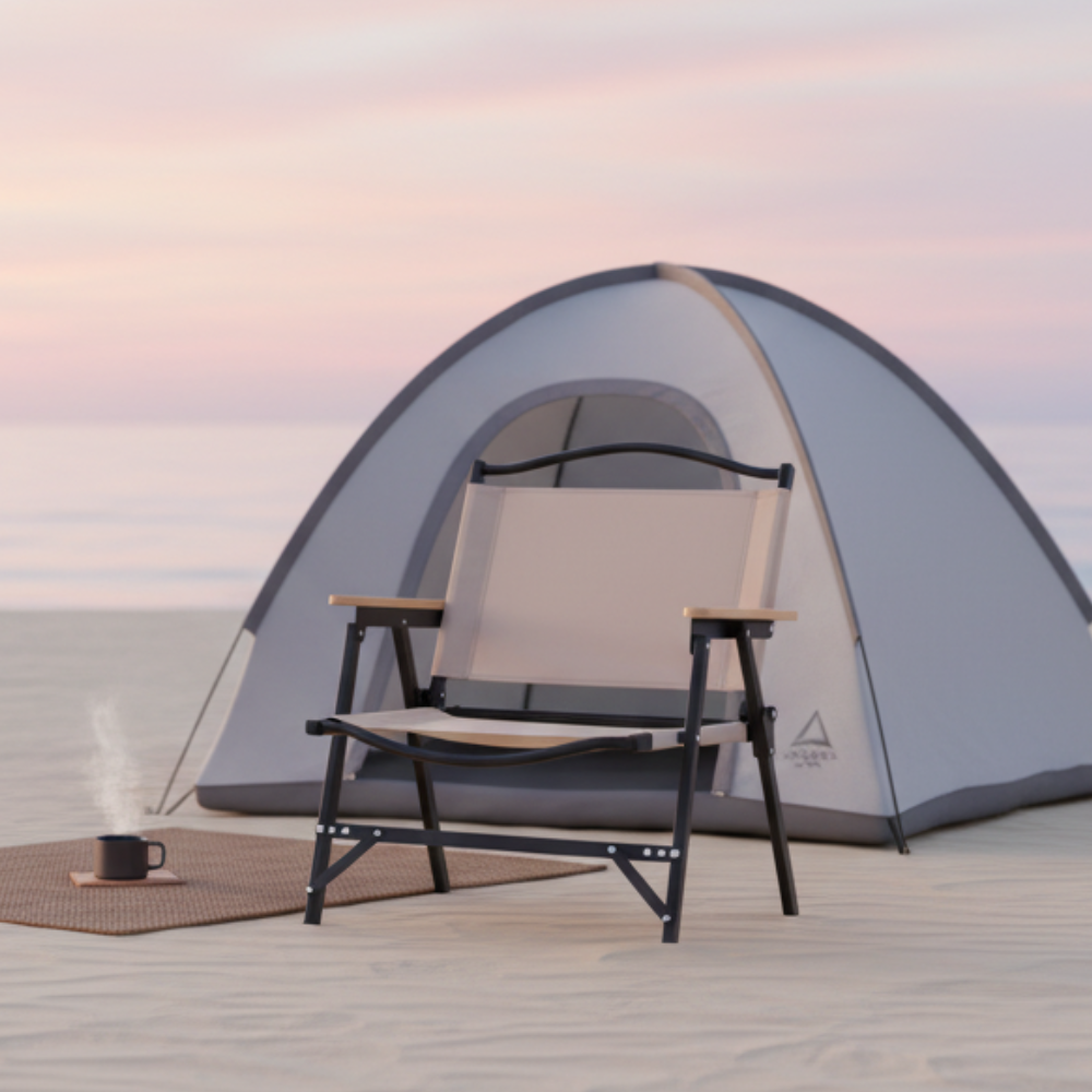 Khaki Minimalist Outdoor Camping Chair with Armrests, | Ridorn