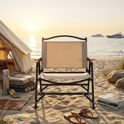 Khaki Minimalist Outdoor Camping Chair with Armrests, | Ridorn