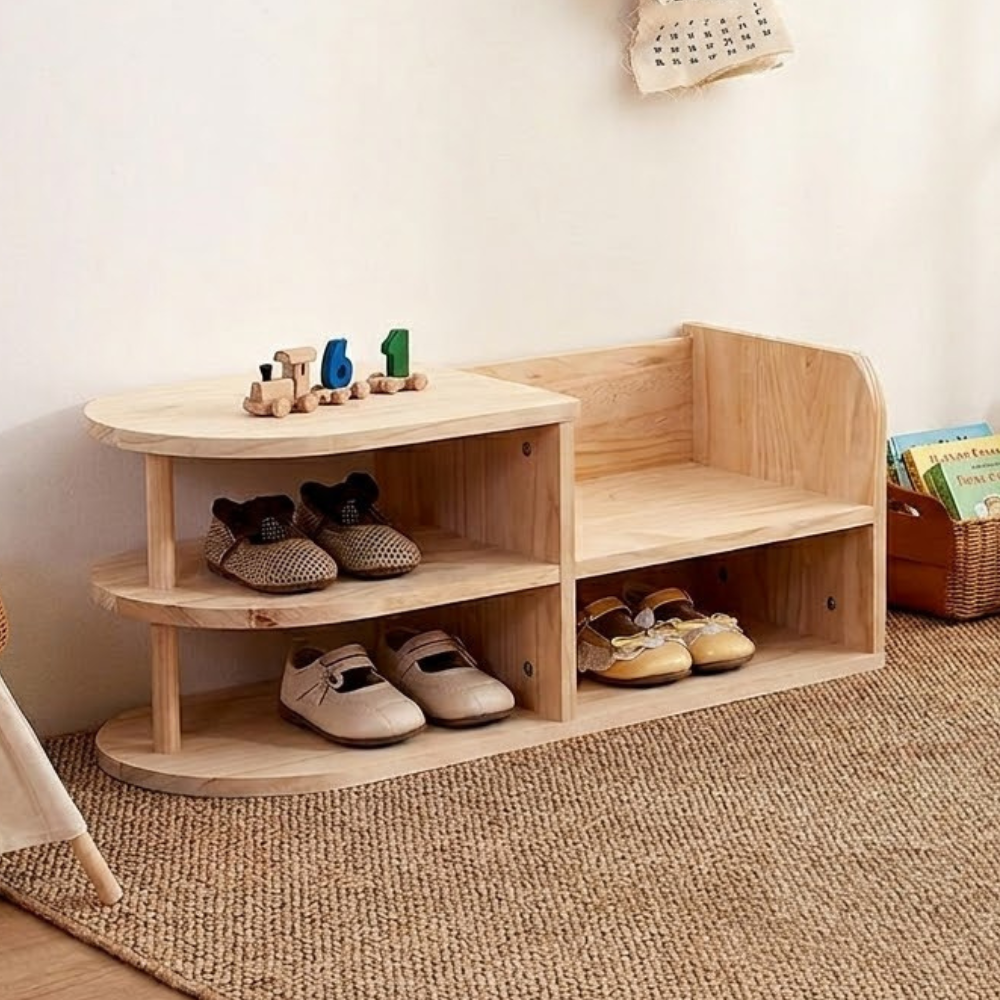 Kids Shoe Storage Bench with Dual-Tier Pine Wood Organizer | Ridorn-Benches-Ridorn