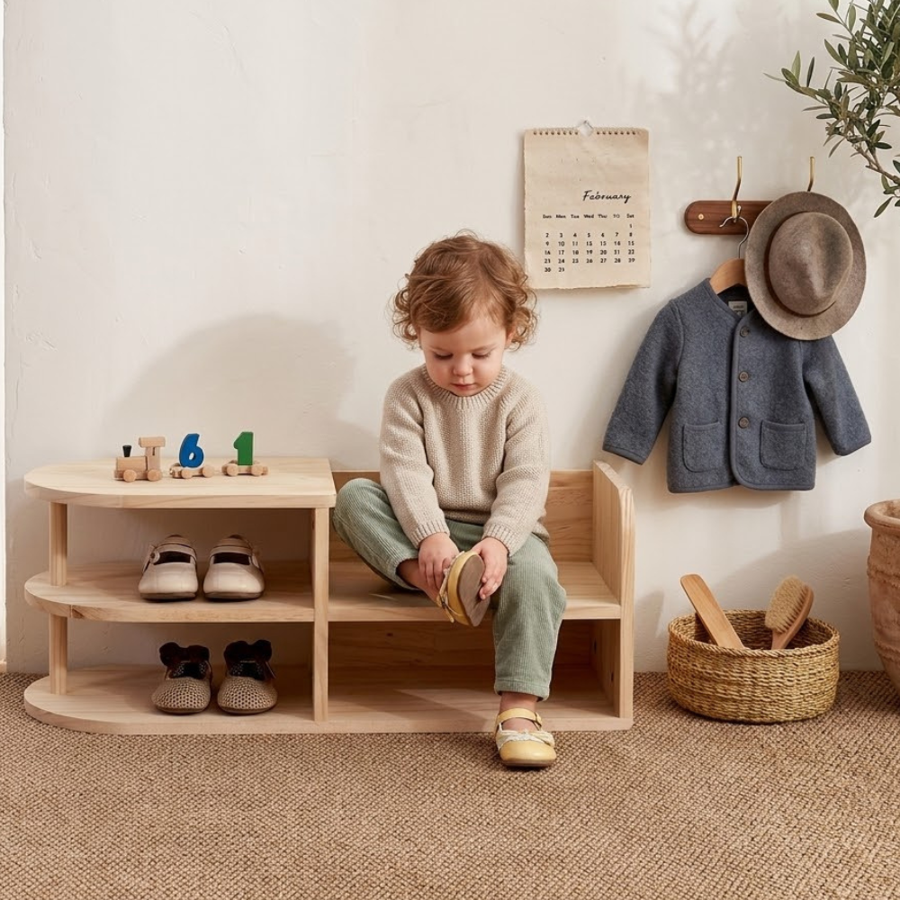 Kids Shoe Storage Bench with Dual-Tier Pine Wood Organizer | Ridorn-Benches-Ridorn