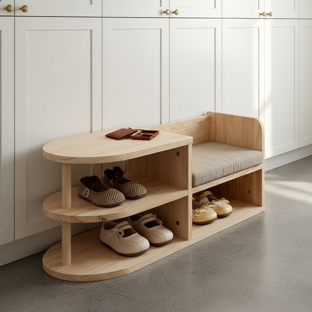 Kids Shoe Storage Bench with Dual-Tier Pine Wood Organizer | Ridorn-Benches-Ridorn