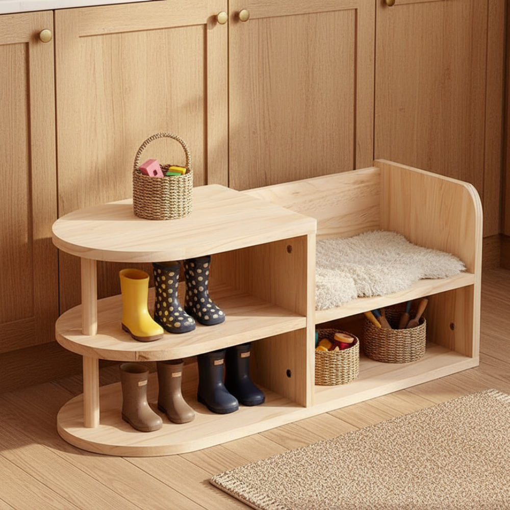 Kids Pine Wood Shoe Storage Bench Dual-Tier Organizer Front View