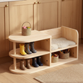 Kids Pine Wood Shoe Storage Bench Dual-Tier Organizer Front View