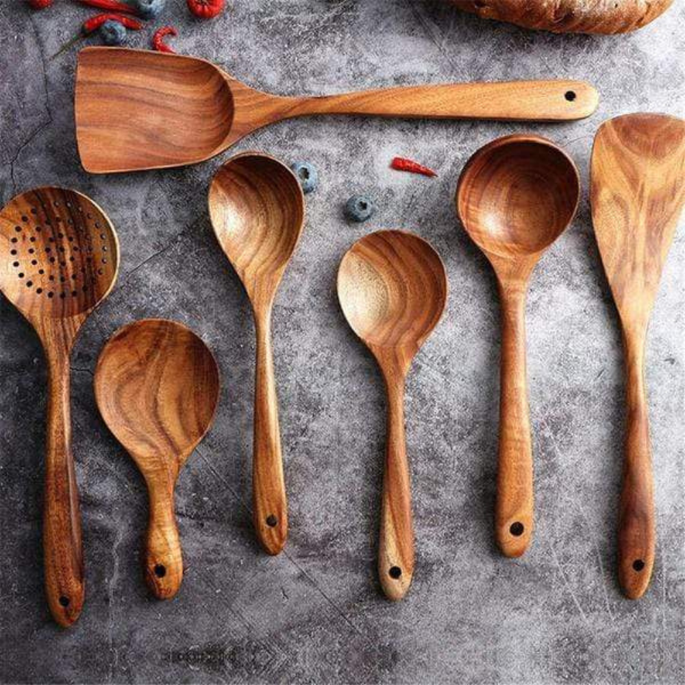 Eco friendly kitchen utensil set natural wood studio view
