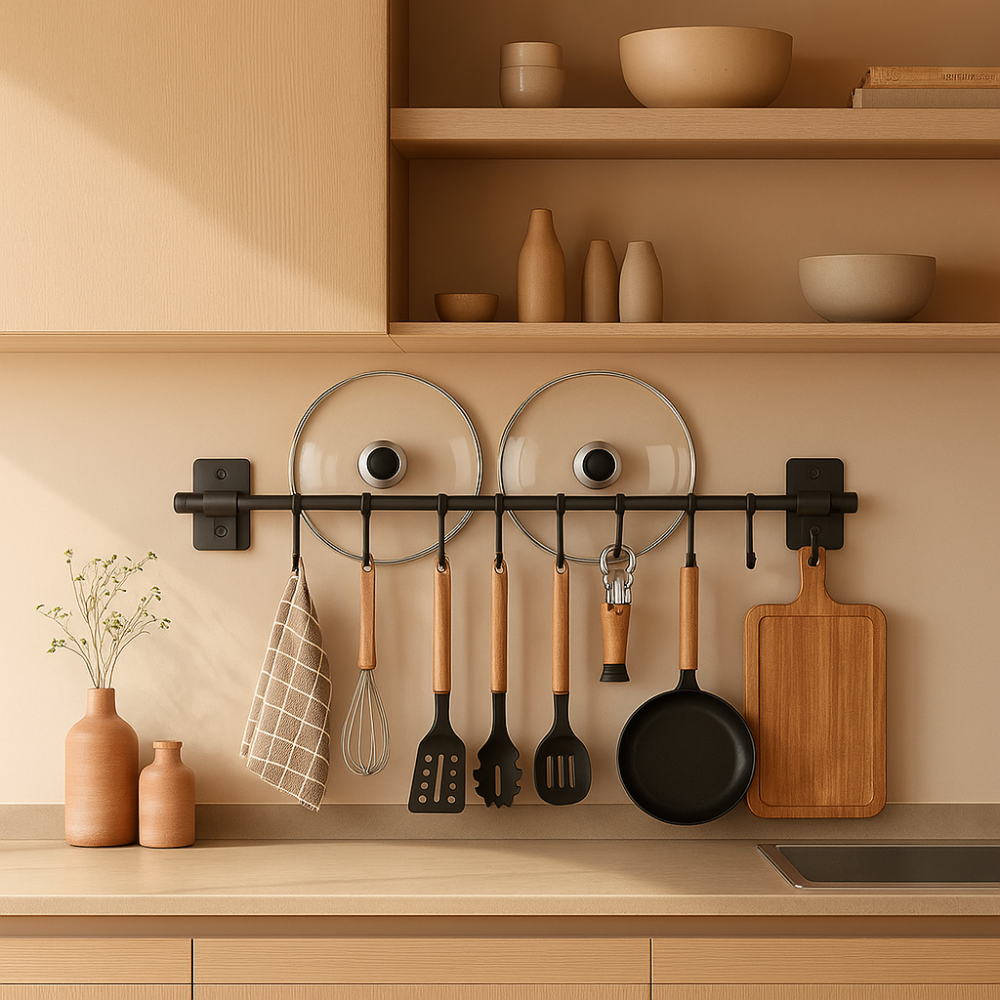 Kitchen space saving hook rack modern steel wall-mounted view