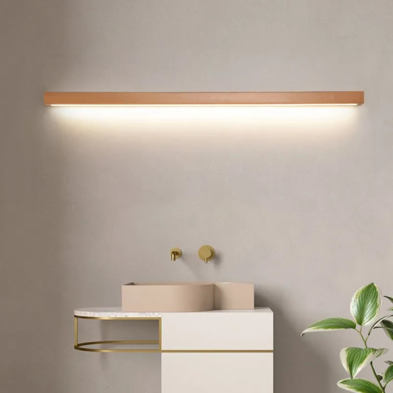 Modern linear wall lamp with natural wood accents front view
