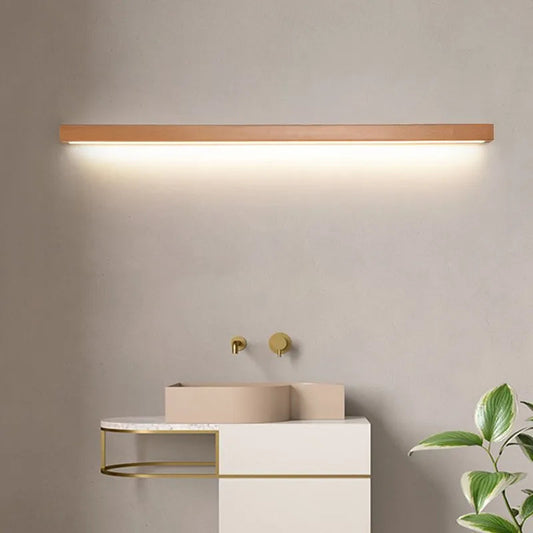 Modern linear wall lamp with natural wood accents front view