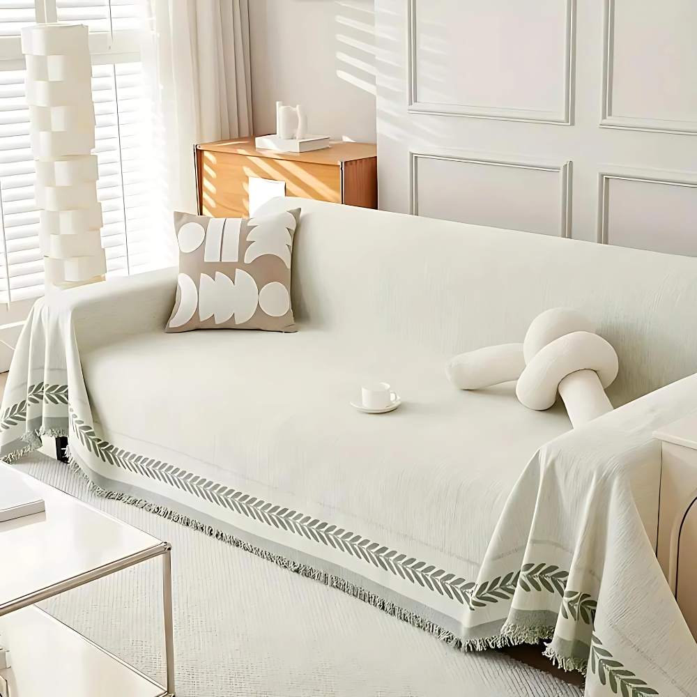 Rustic sofa cover with tassel detail studio view