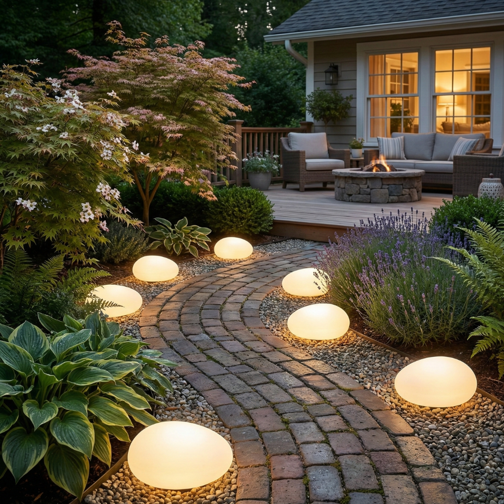 Outdoor waterproof solar pebble stone light front view