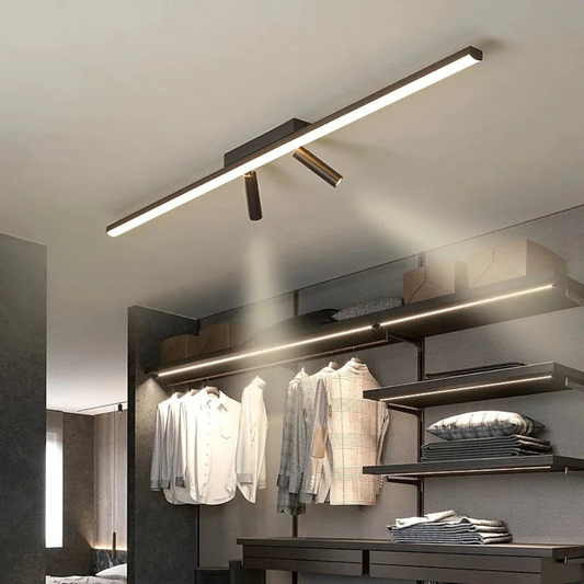 Sleek adjustable linear LED ceiling spotlight with dual pivoting heads
