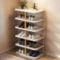 Minimalist shoe storage rack white and walnut organizer front view