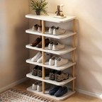 Minimalist shoe storage rack white and walnut organizer front view