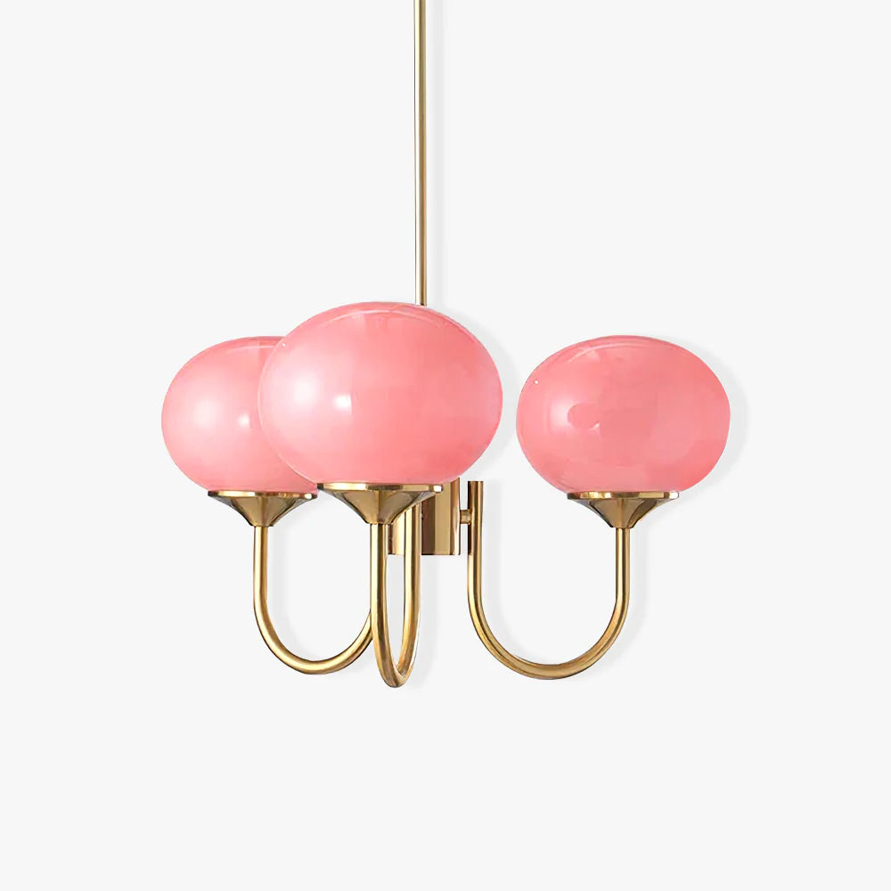 Modern ceiling chandelier with spherical glass lampshades front view