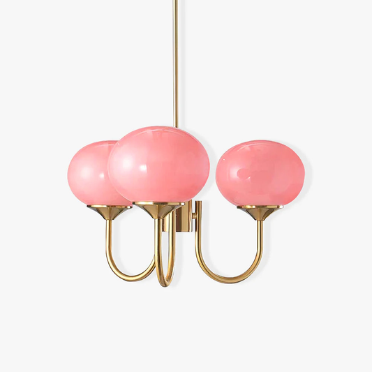 Modern ceiling chandelier with spherical glass lampshades front view