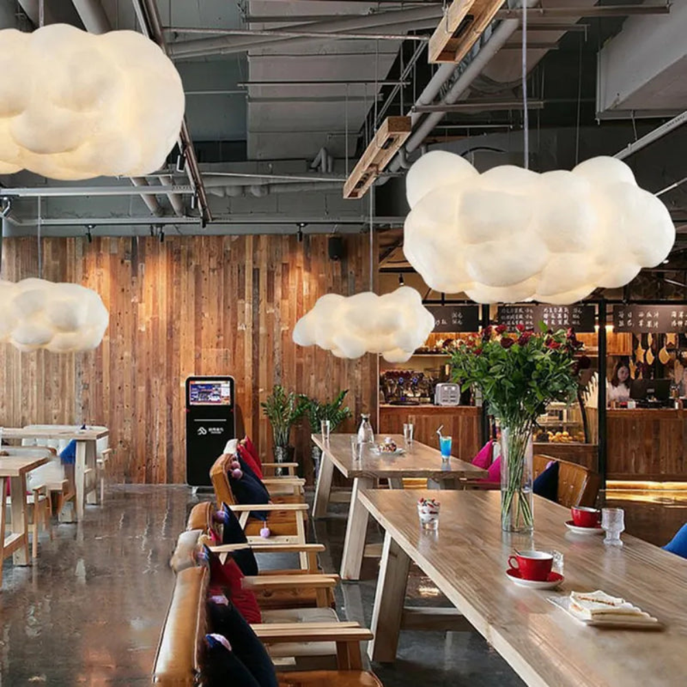 Modern cloud inspired pendant light soft ambient ceiling lighting studio view
