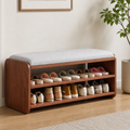 Modern minimalist shoe bench walnut two-tier storage front view