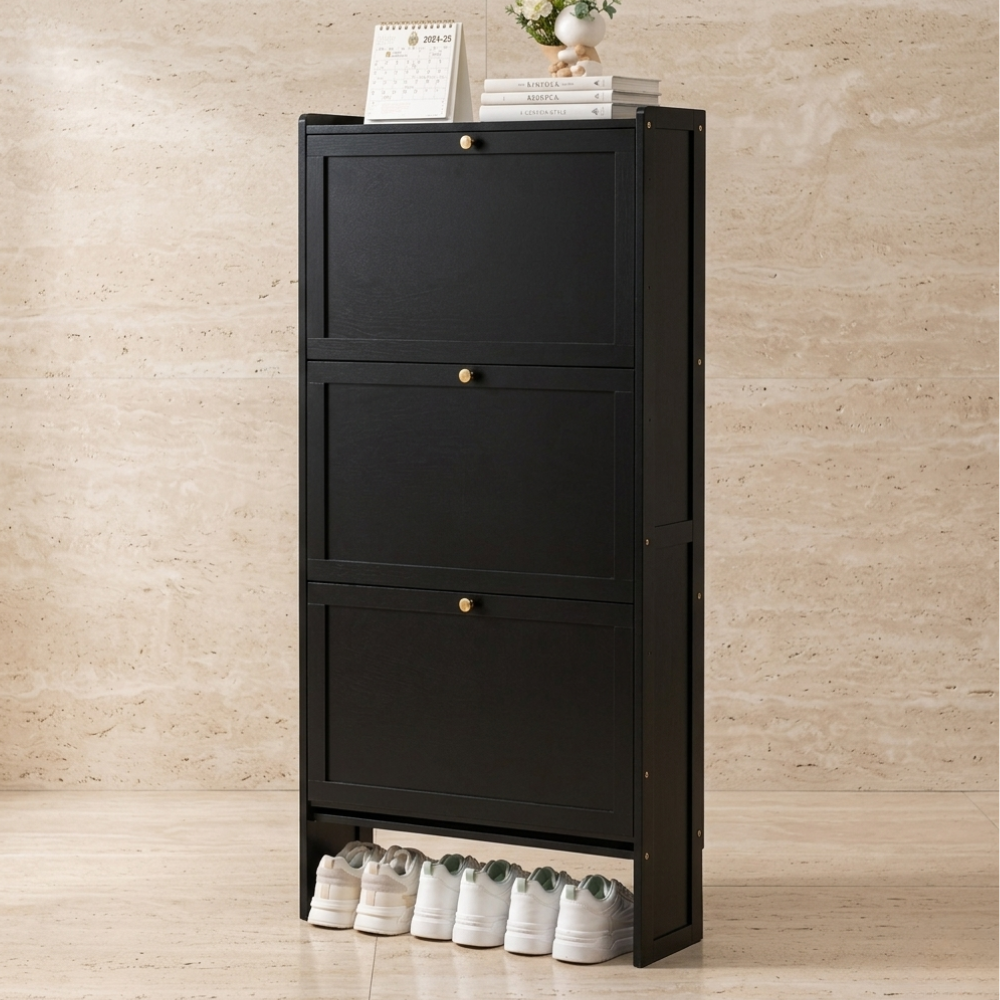 Modern Minimalist Shoe Storage Cabinet in Black Bamboo & MDF | Ridorn-Shoe Cabinets-Ridorn