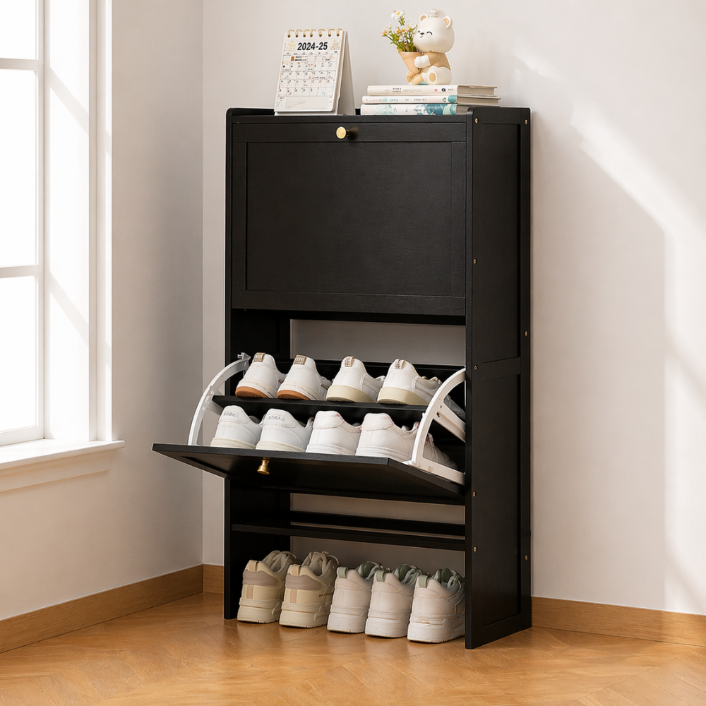 Modern Minimalist Shoe Storage Cabinet in Black Bamboo & MDF | Ridorn-Shoe Cabinets-Ridorn