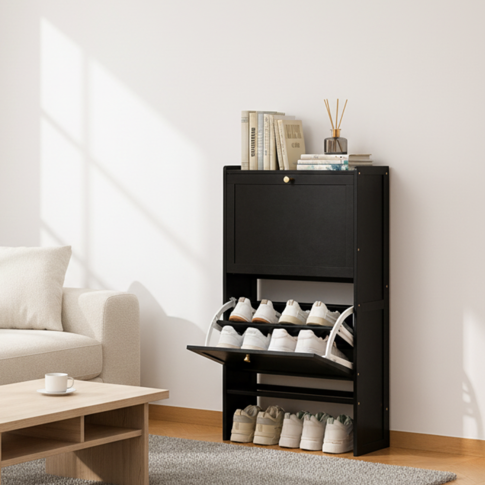 Modern Minimalist Shoe Storage Cabinet in Black Bamboo & MDF | Ridorn-Shoe Cabinets-Ridorn
