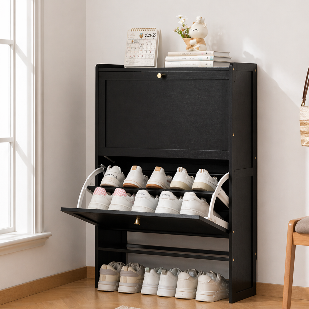 Modern Minimalist Shoe Storage Cabinet in Black Bamboo & MDF | Ridorn-Shoe Cabinets-Ridorn