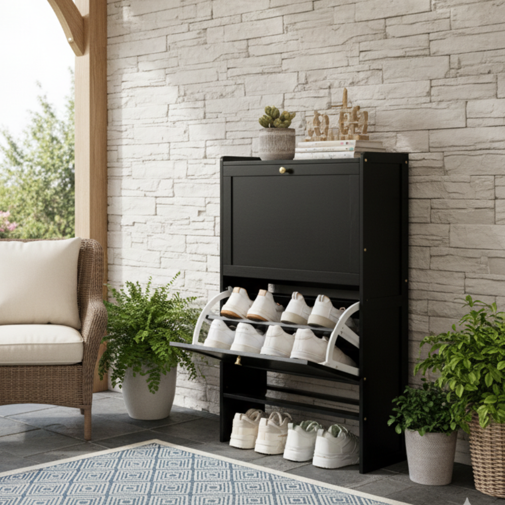 Modern Minimalist Shoe Storage Cabinet in Black Bamboo & MDF | Ridorn-Shoe Cabinets-Ridorn