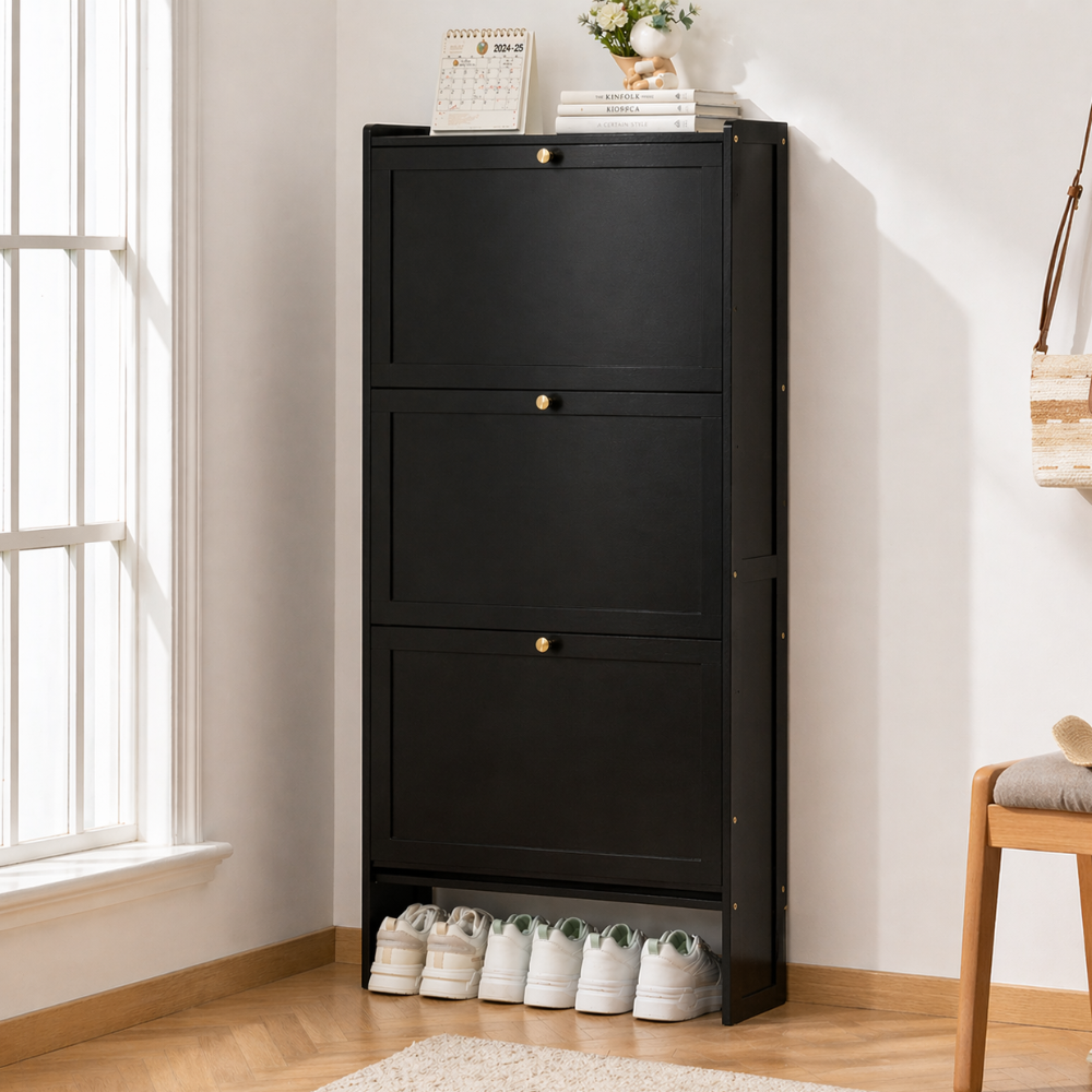 Modern Minimalist Shoe Storage Cabinet in Black Bamboo & MDF | Ridorn-Shoe Cabinets-Ridorn