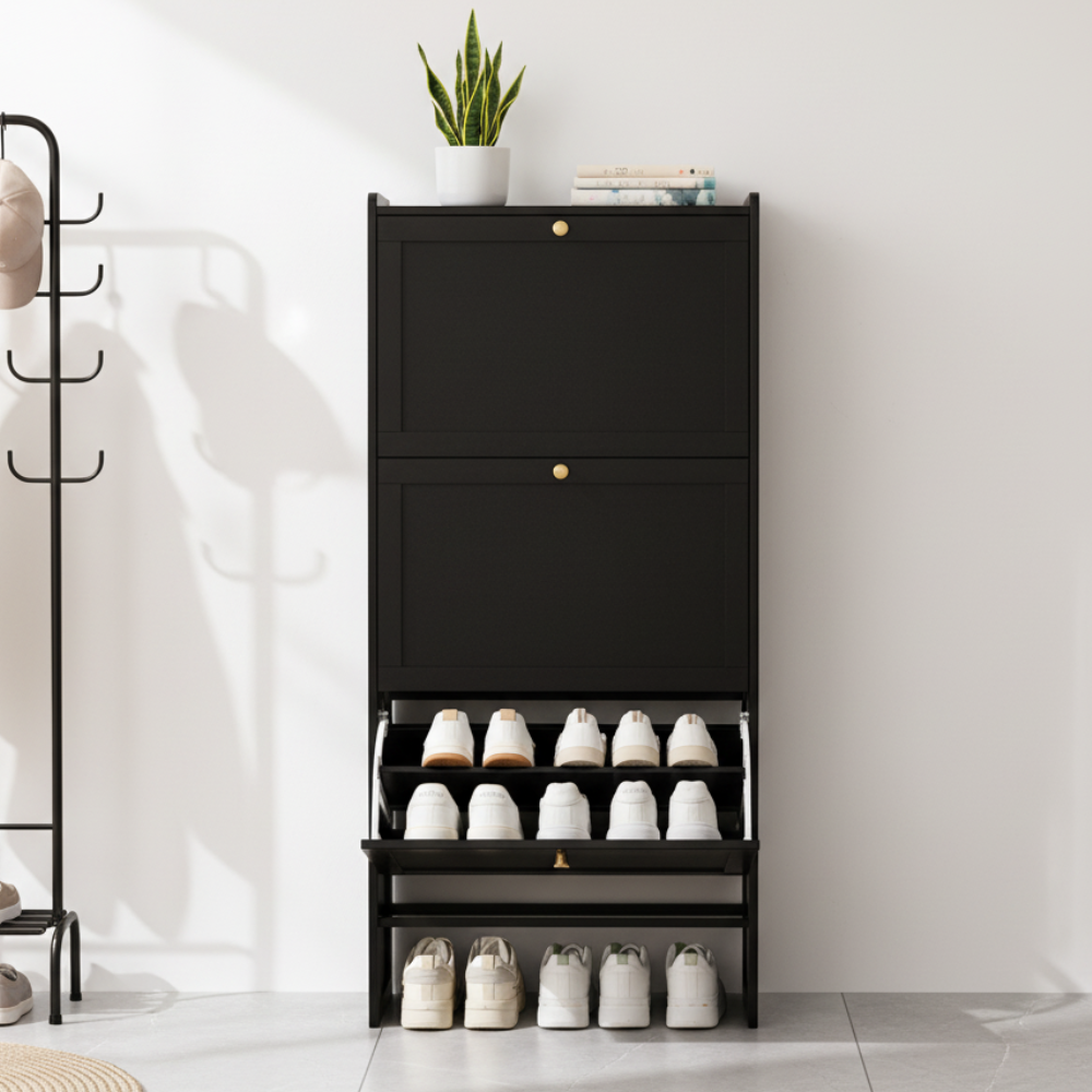 Modern Minimalist Shoe Storage Cabinet in Black Bamboo & MDF | Ridorn-Shoe Cabinets-Ridorn