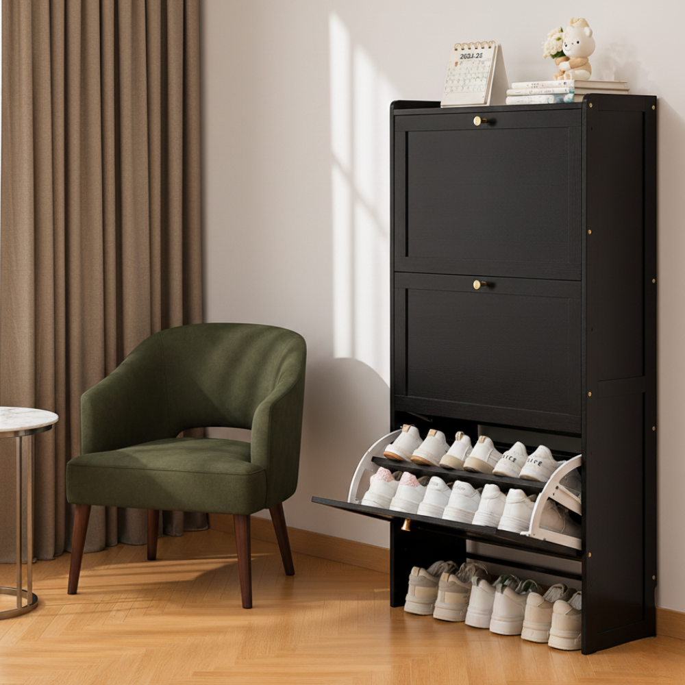 Modern Minimalist Shoe Storage Cabinet in Black Bamboo & MDF | Ridorn-Shoe Cabinets-Ridorn