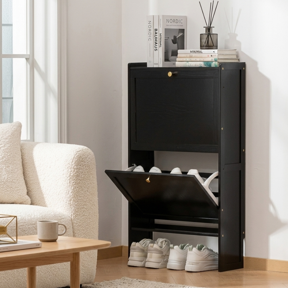 Modern Minimalist Shoe Storage Cabinet in Black Bamboo & MDF | Ridorn-Shoe Cabinets-Ridorn