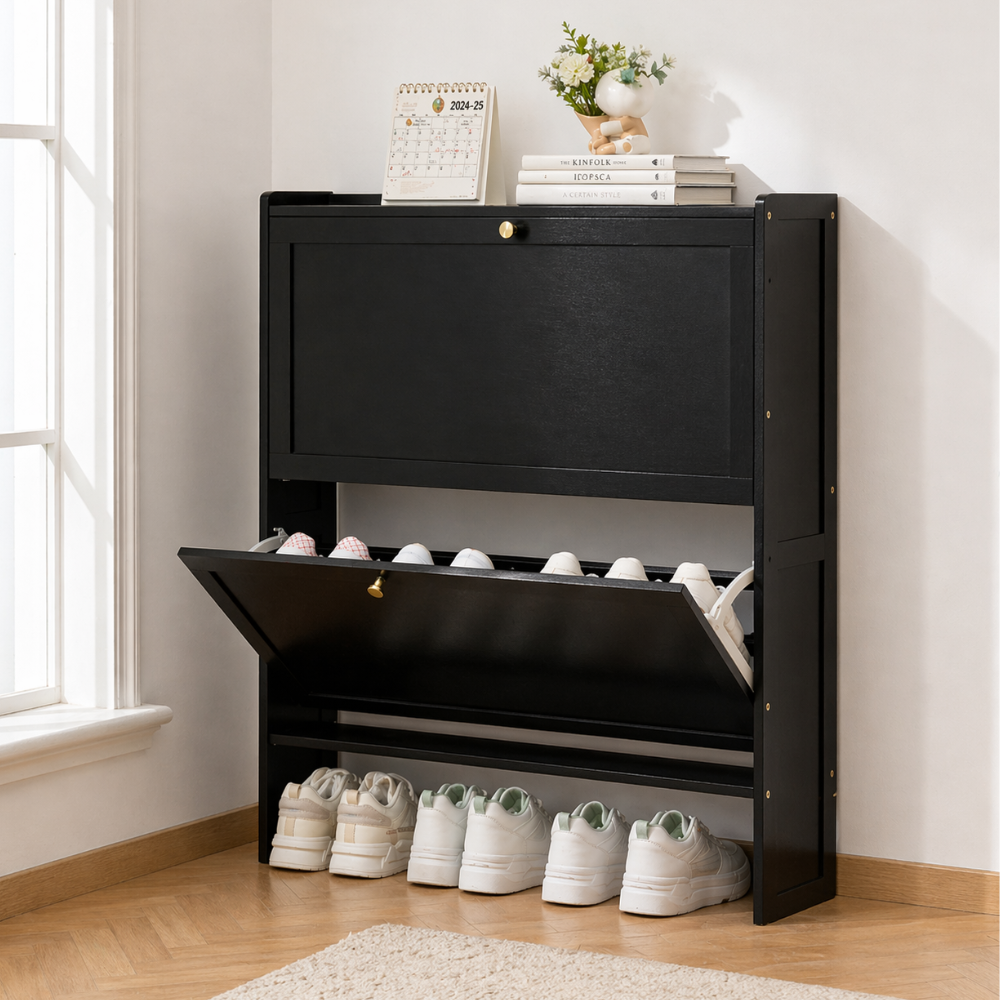 Modern Minimalist Shoe Storage Cabinet in Black Bamboo & MDF | Ridorn-Shoe Cabinets-Ridorn