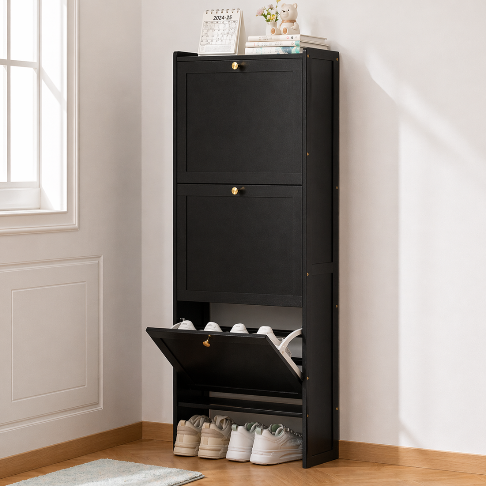 Modern Minimalist Shoe Storage Cabinet in Black Bamboo & MDF | Ridorn-Shoe Cabinets-Ridorn