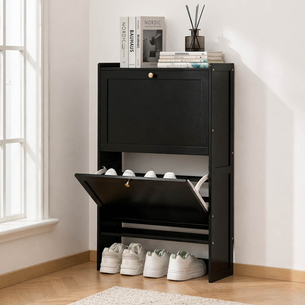 Black shoe storage cabinet minimalist design front view