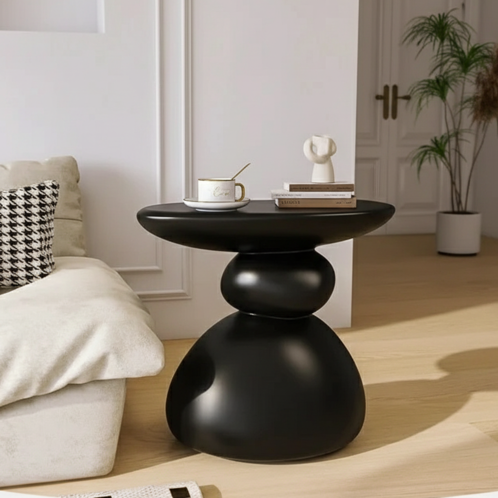 Modern minimalist round stone side table front view