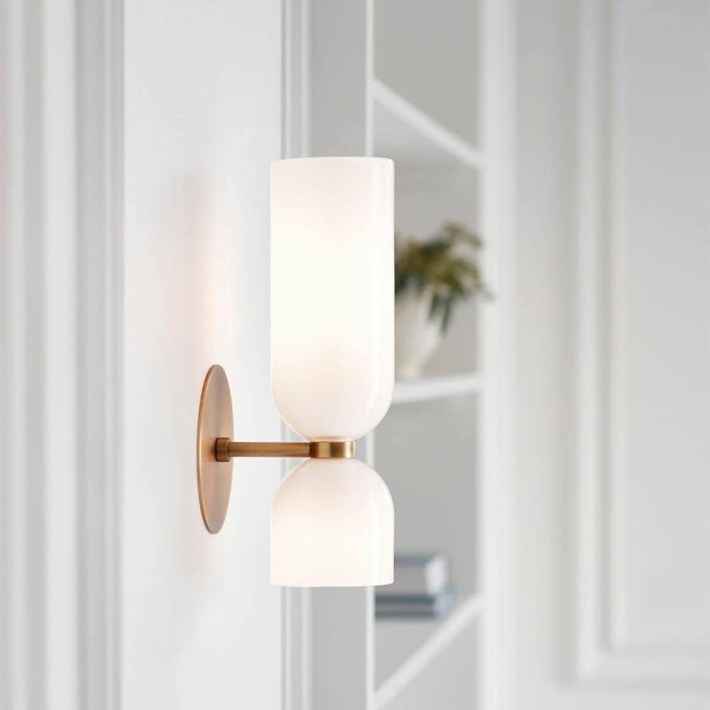 Modern wall sconce light blue gray white sleek cylindrical design front view