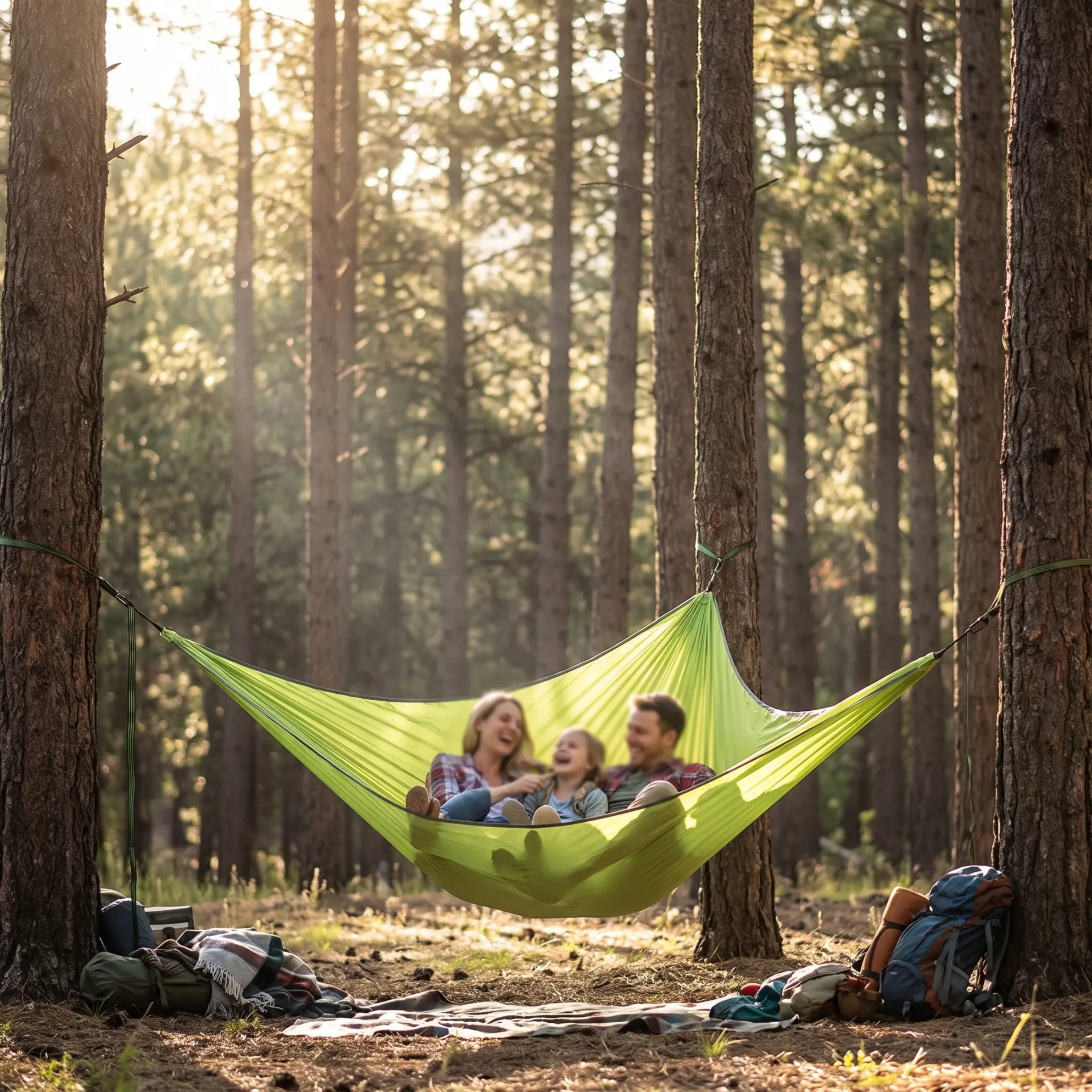A bright lime green camping hammock suspended between two trees in a sun-dappled pine forest, with three people relaxing inside. Backpacks and a blanket are visible on the forest floor nearby.