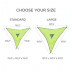 Size chart graphic showing two triangular hammock options labeled STANDARD and LARGE with dimensions in inches and the text 'CHOOSE YOUR SIZE' at the top.