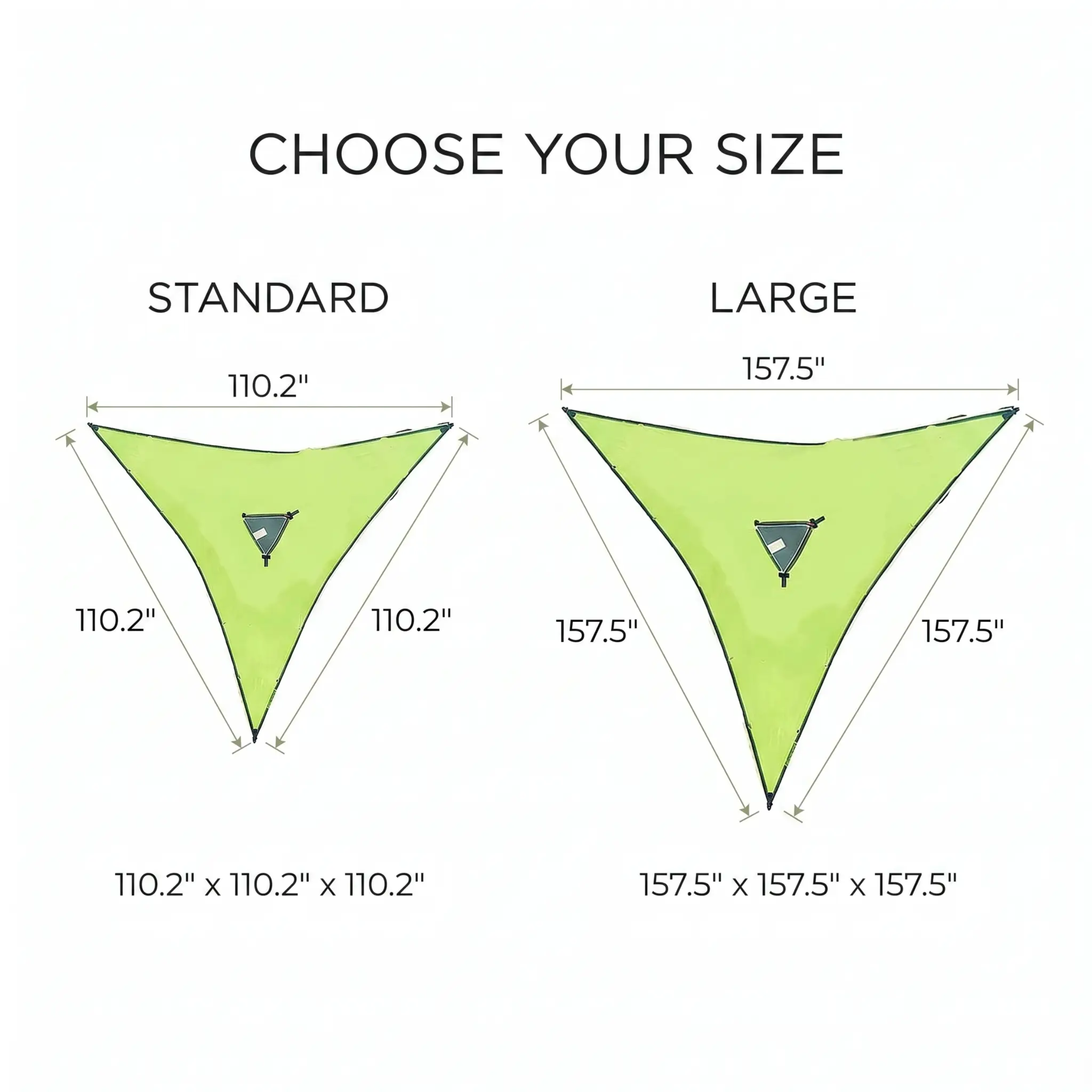 Size chart graphic showing two triangular hammock options labeled STANDARD and LARGE with dimensions in inches and the text 'CHOOSE YOUR SIZE' at the top.