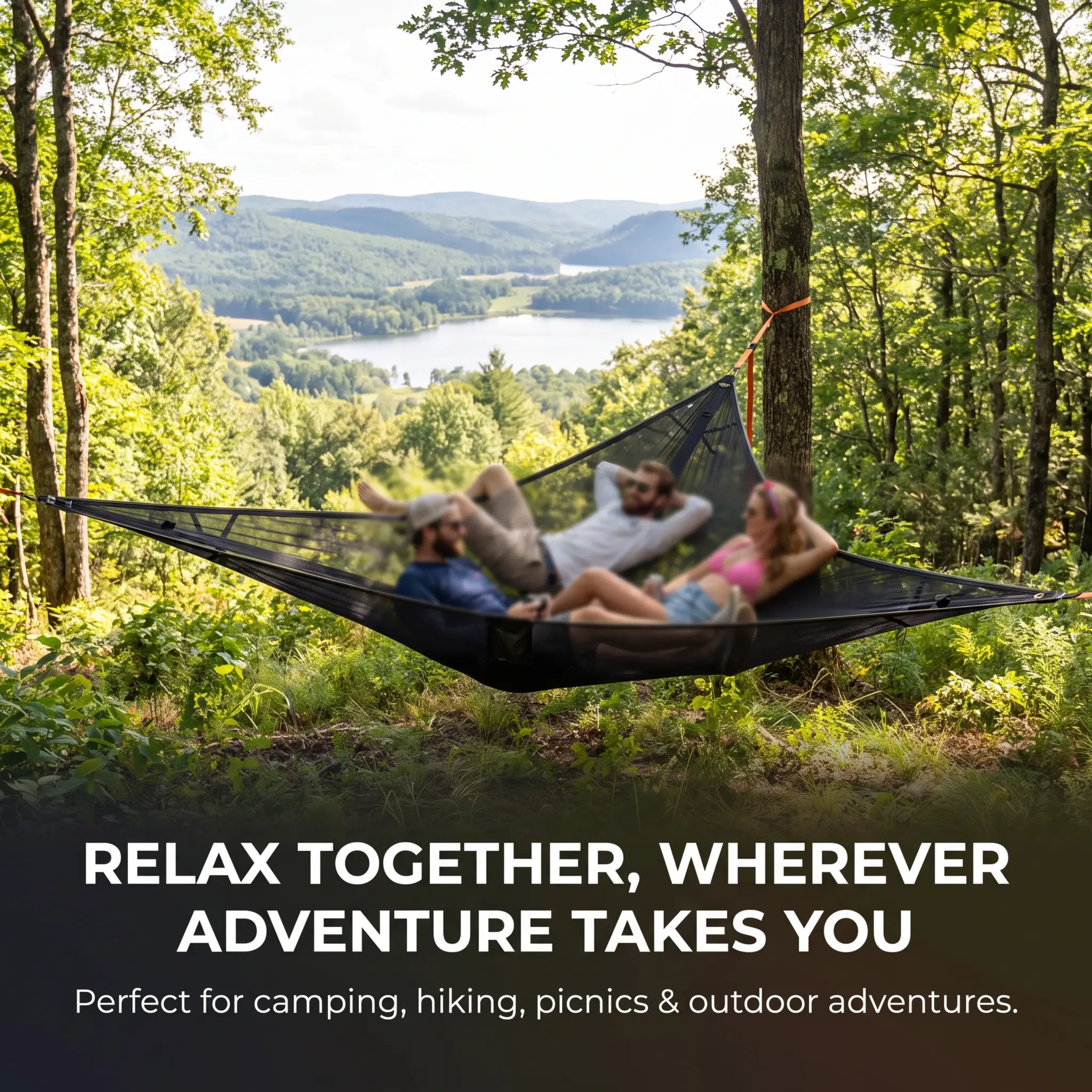 Multi-Person Camping Hammock, 3-Point Anchor Outdoor Hanging Lounger for Family & Groups