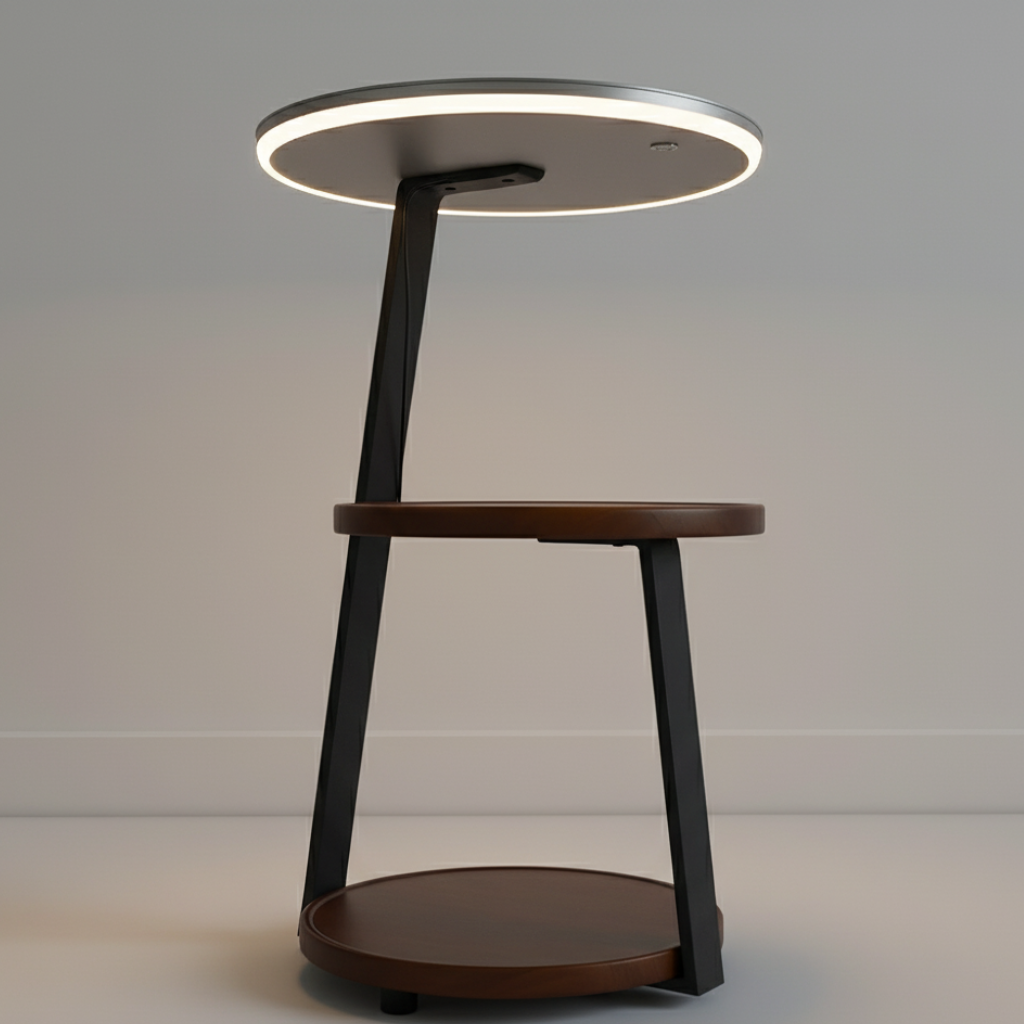 Chic Wooden Floor Lamp with Table and Smart Features | Ridorn