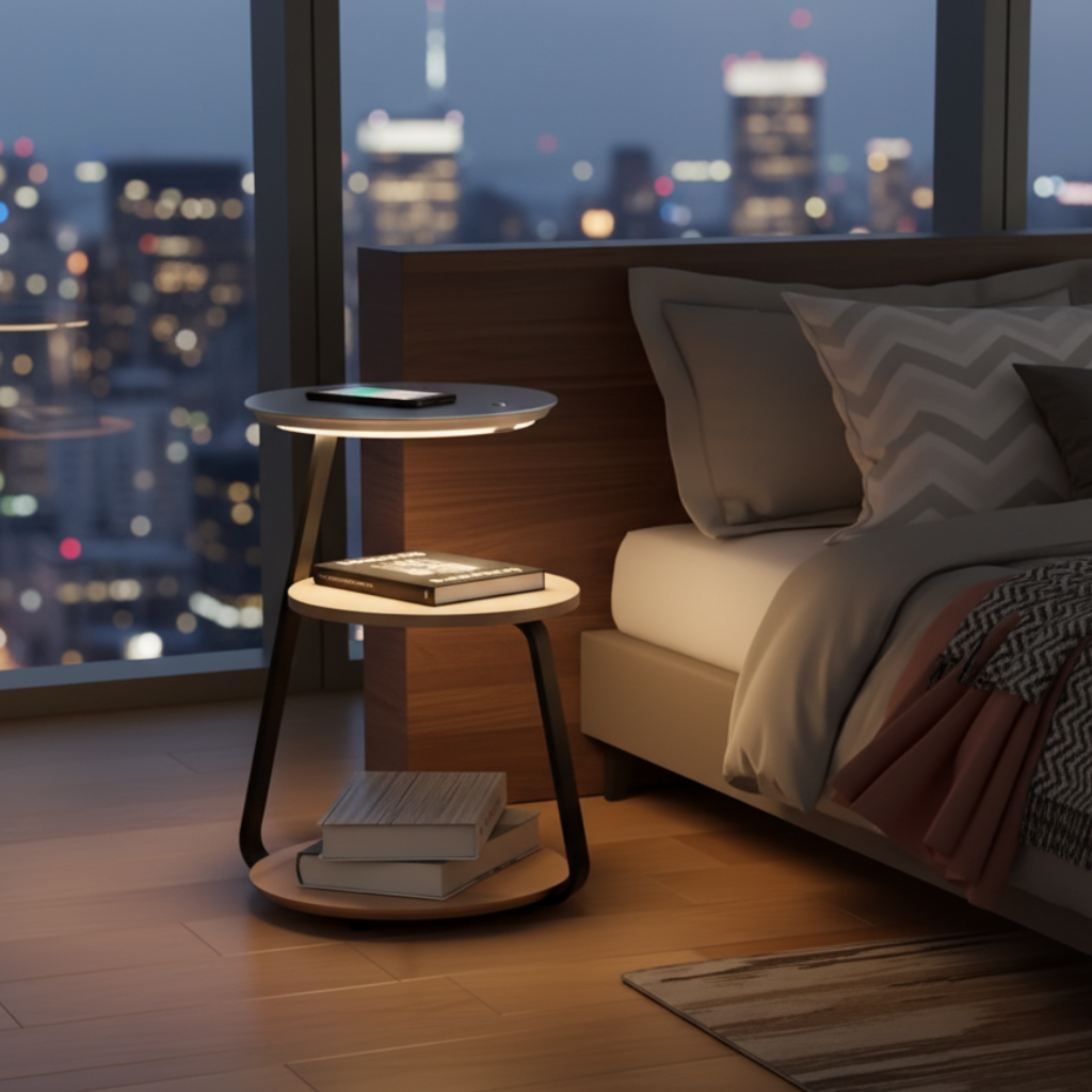 Chic Wooden Floor Lamp with Table and Smart Features | Ridorn