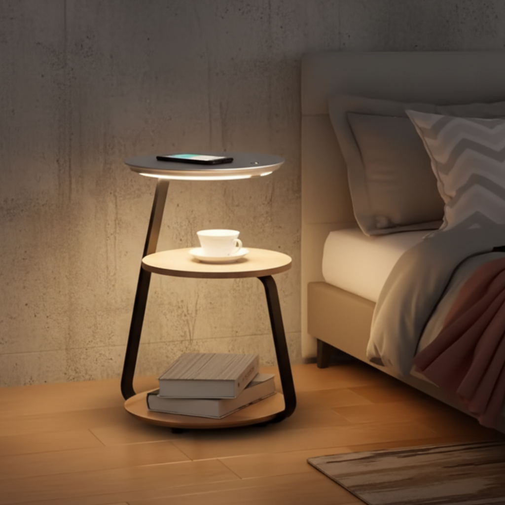 Chic Wooden Floor Lamp with Table and Smart Features | Ridorn