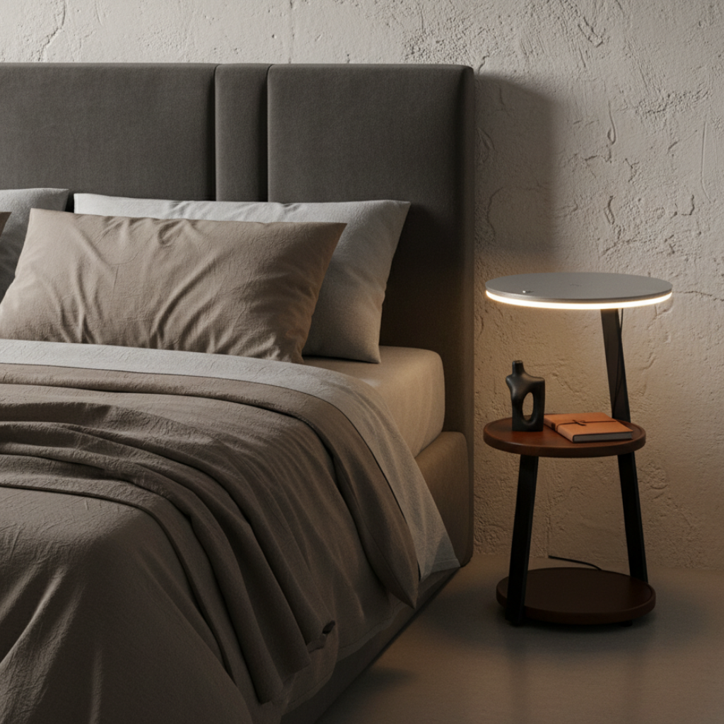Chic Wooden Floor Lamp with Table and Smart Features | Ridorn