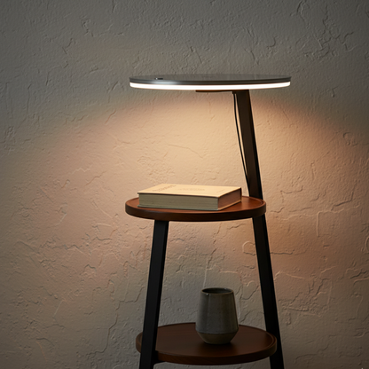 Chic Wooden Floor Lamp with Table and Smart Features | Ridorn