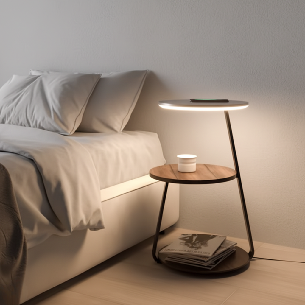 Chic Wooden Floor Lamp with Table and Smart Features | Ridorn