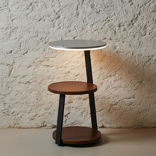 Wooden floor lamp with table and smart features front view
