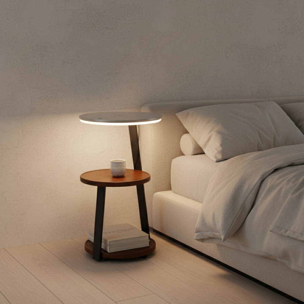 Chic Wooden Floor Lamp with Table and Smart Features | Ridorn