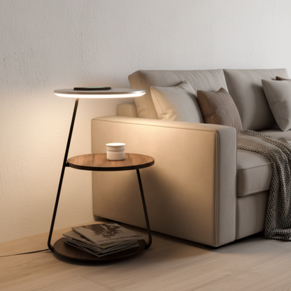 Chic Wooden Floor Lamp with Table and Smart Features | Ridorn