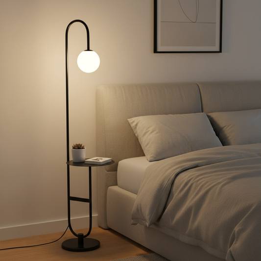 NordHalo Arc | Scandinavian LED Floor Lamp with Side Table | Ridorn