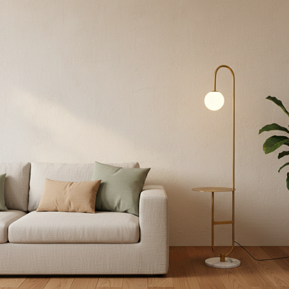 NordHalo Arc | Scandinavian LED Floor Lamp with Side Table | Ridorn
