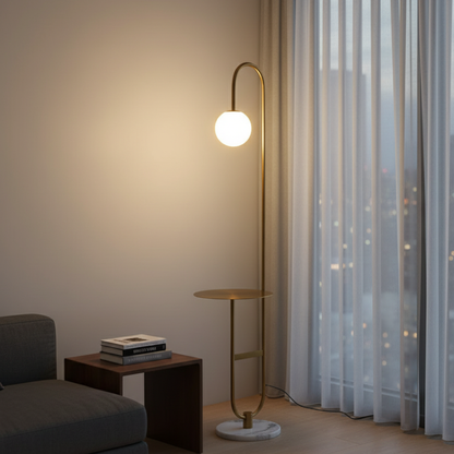 NordHalo Arc | Scandinavian LED Floor Lamp with Side Table | Ridorn